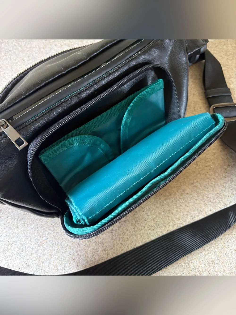 Kibou Diaper Bag Fanny Pack Black Vegan Leather Changing Pad 4 Pockets